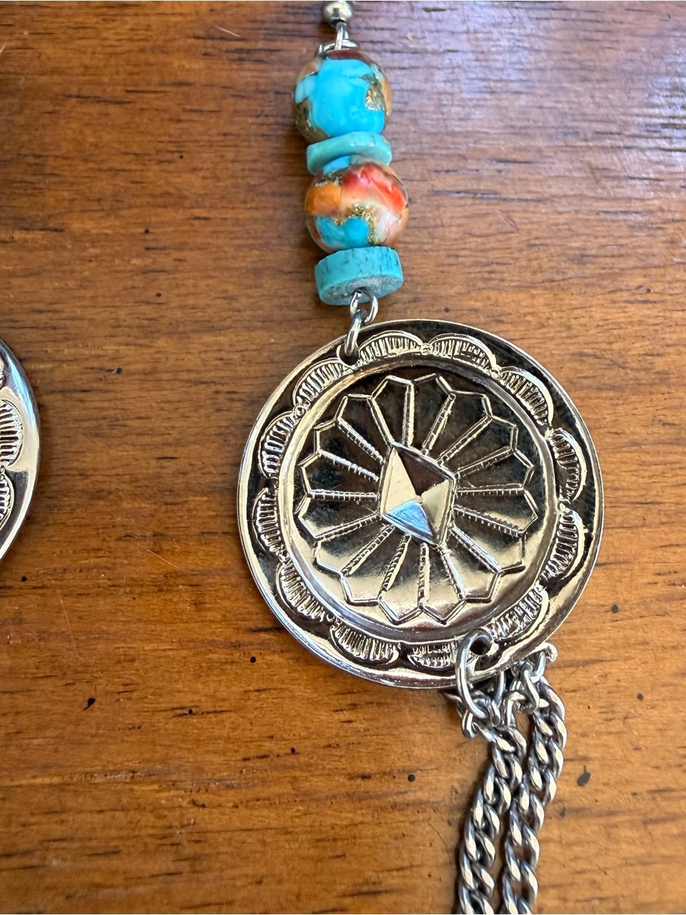 Handmade Silver Concho Earrings With Genuine Turquoise - Picture 3 of 4